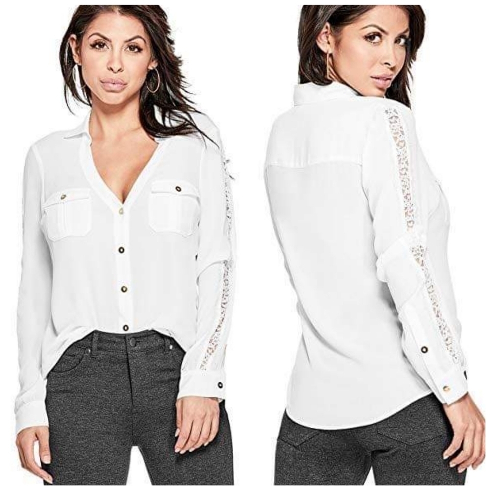 New G by Guess Button Up Collared V neck Top SZ S